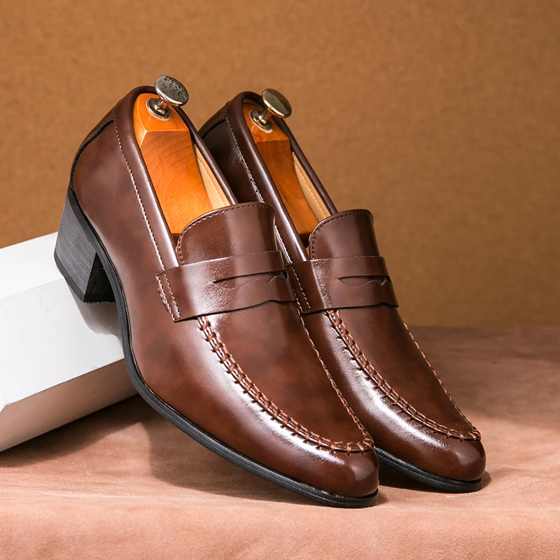 Men's Slip-On Design Loafers with Block Heel and Hand-Stitched Seams