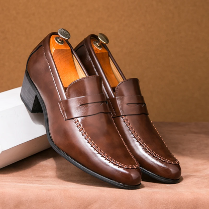 Men's Slip-On Design Loafers with Block Heel and Hand-Stitched Seams