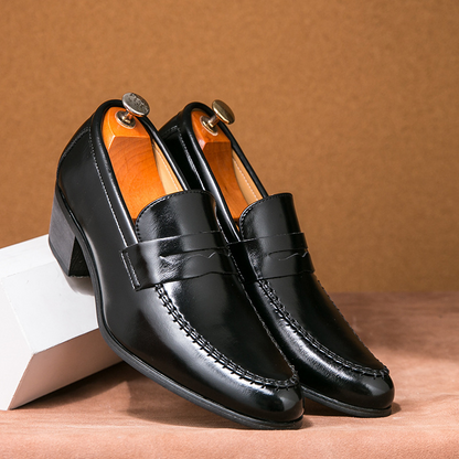 Men's Slip-On Design Loafers with Block Heel and Hand-Stitched Seams