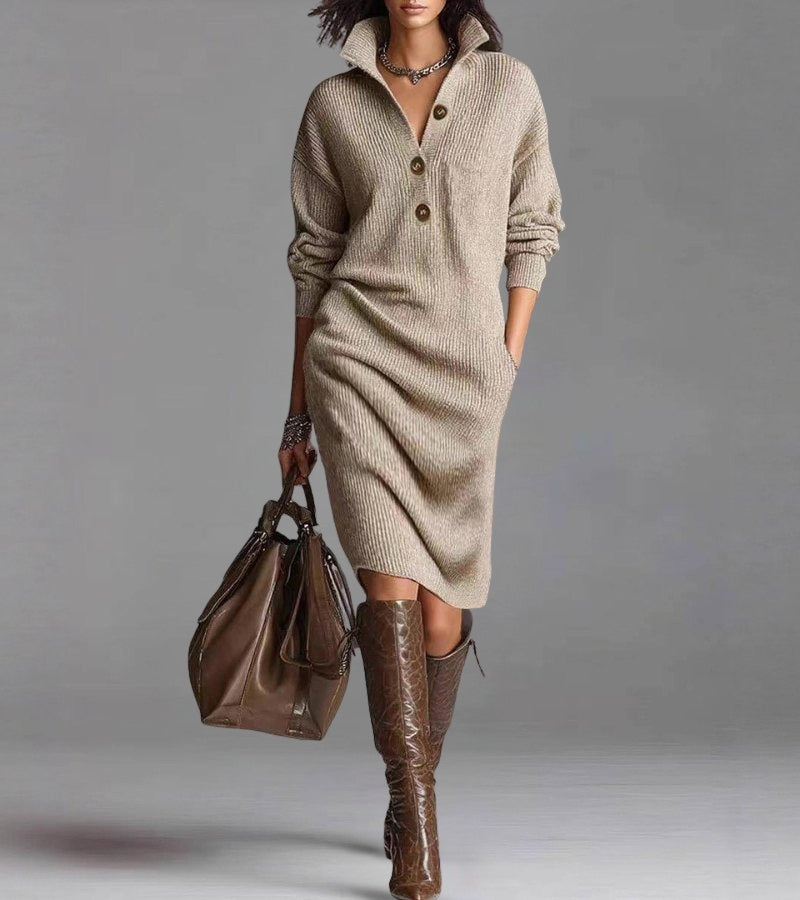 Abito Invernale Donna Maglia Colletto Bottoni Maniche Lunghe Tasche Laterali