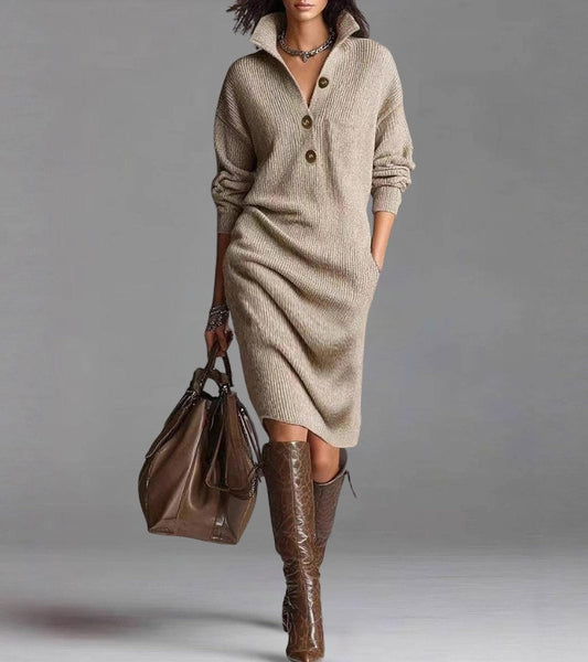 Women's Winter Dress Knit Collar Buttons Long Sleeves Side Pockets