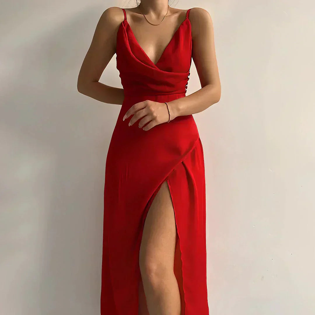 Women's Dress in Satin Blend with Cascade Neckline, High Slit, and Adjustable Straps