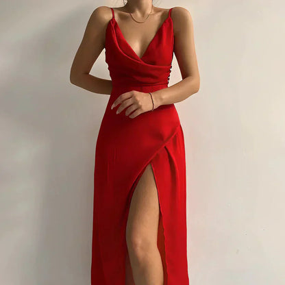 Women's Dress in Satin Blend with Cascade Neckline, High Slit, and Adjustable Straps
