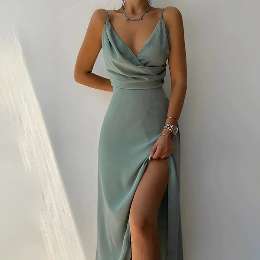 Women's Dress in Satin Blend with Cascade Neckline, High Slit, and Adjustable Straps
