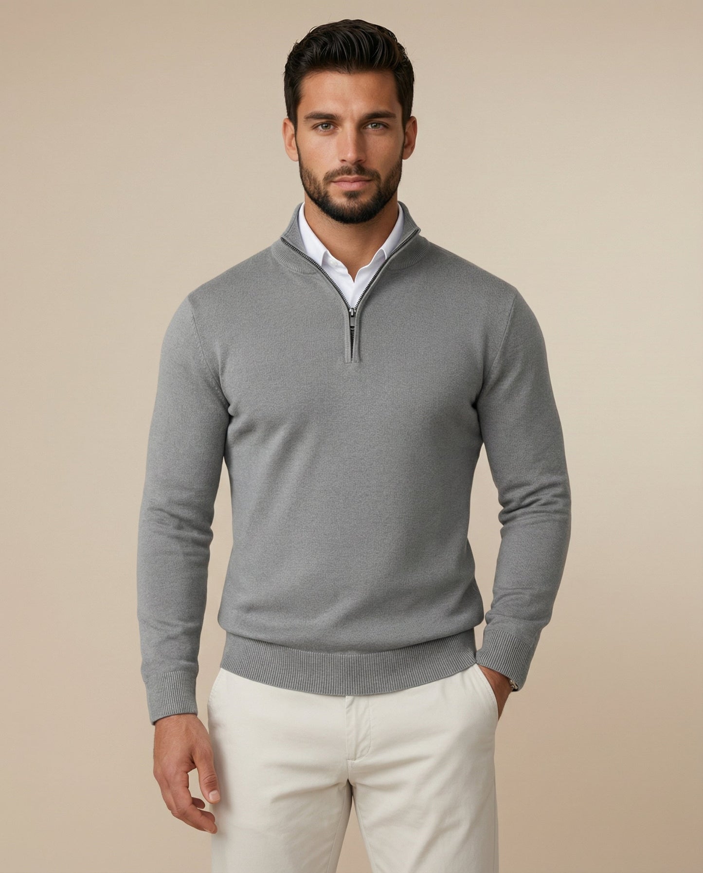 Maglione Uomo con Zip a Un Quarto, Colletto Strutturato e Bordi a Coste – Maglia Style