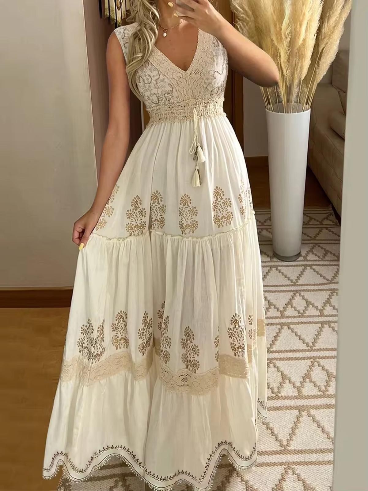 Women's Long Summer Dress with V-Neck, Handmade Lace, Floral Embroidery, and Elastic Waist – Cotton Blend