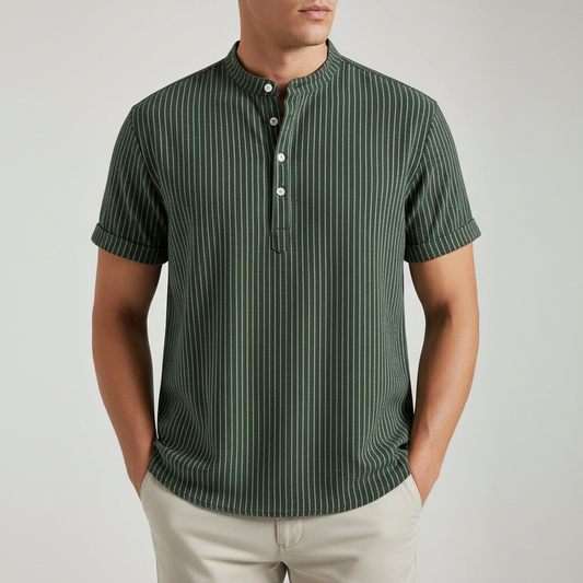 Men's Long Sleeve Striped Shirt with Mandarin Collar – Casual Relaxed Fit