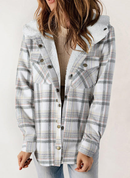 Women's Autumn Plaid Jacket with Hood and Fleece Lining – Long Sleeves with Pockets