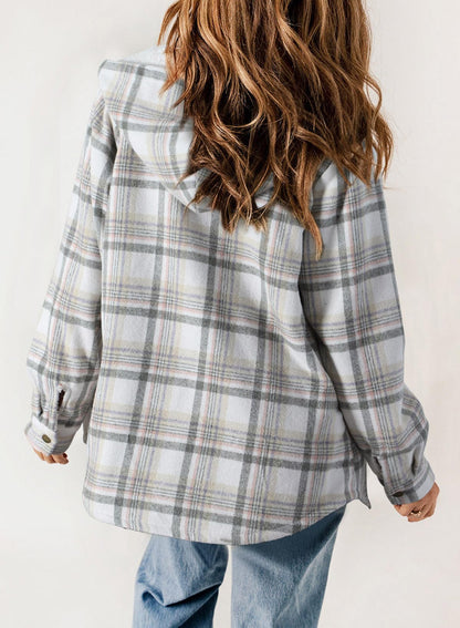 Women's Autumn Plaid Jacket with Hood and Fleece Lining – Long Sleeves with Pockets