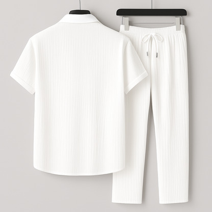 Men's Summer Linen-Style Set with Drawstring Pants and Relaxed Fit Shirt