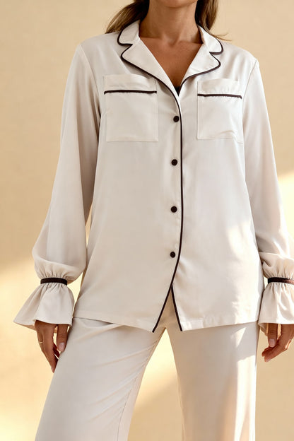 Lightweight Women's Pajama Set: Flowing Top with Notched Collar, Flared Sleeves, and Pants