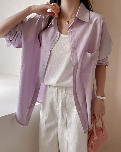 Women's Long Sleeve Solid Color Shirt with Loose Fit and Plus Sizes