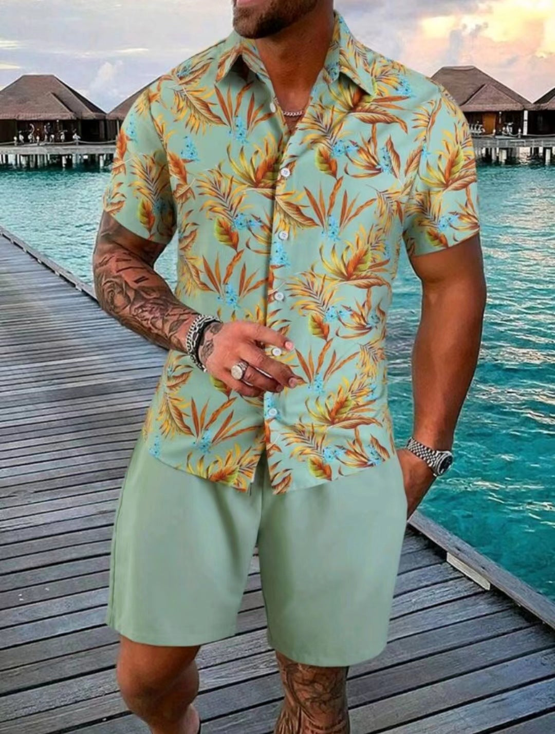 Men's Summer Set Short Sleeve Shirt and Cotton Blend Shorts – Casual Style