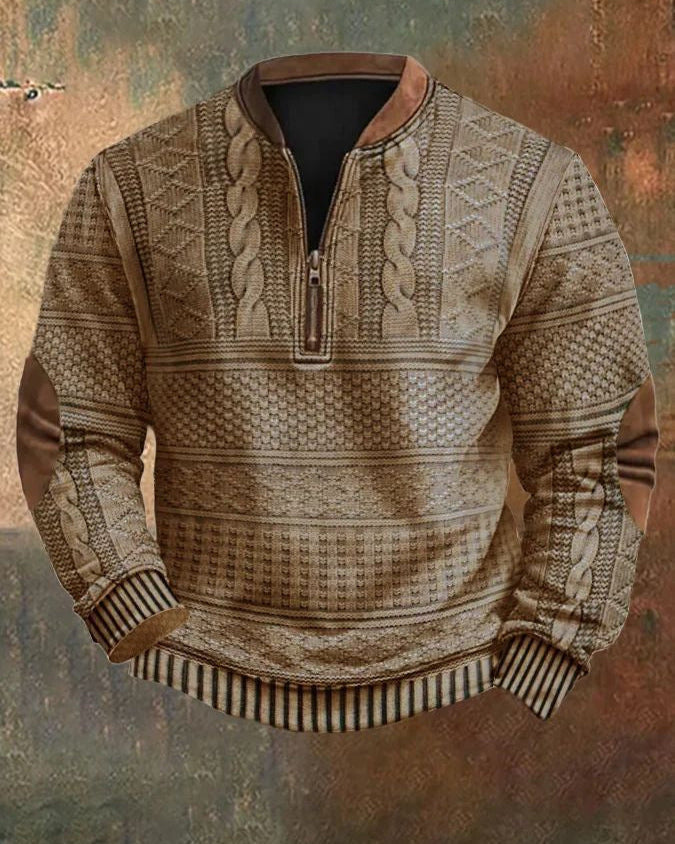 Maglione invernale marrone con motivo a trecce, zip frontale, gomitiere in pelle, sfondo sfumato. Maglione caldo uomo, moda autunno inverno.