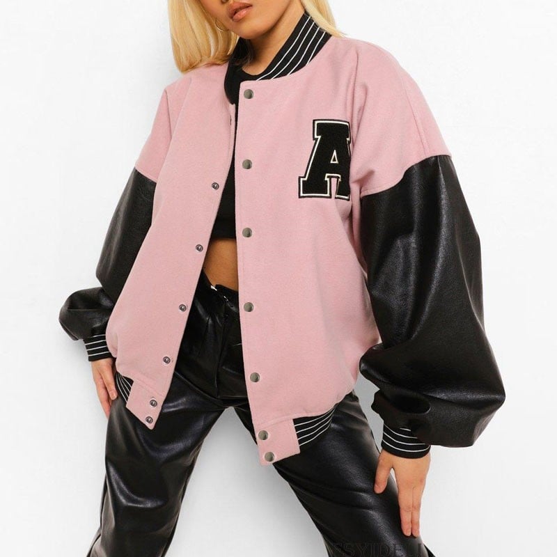 Women's Baseball Style Jacket with Letter Print and Button Closure