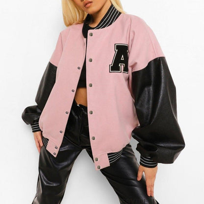 Women's Baseball Style Jacket with Letter Print and Button Closure