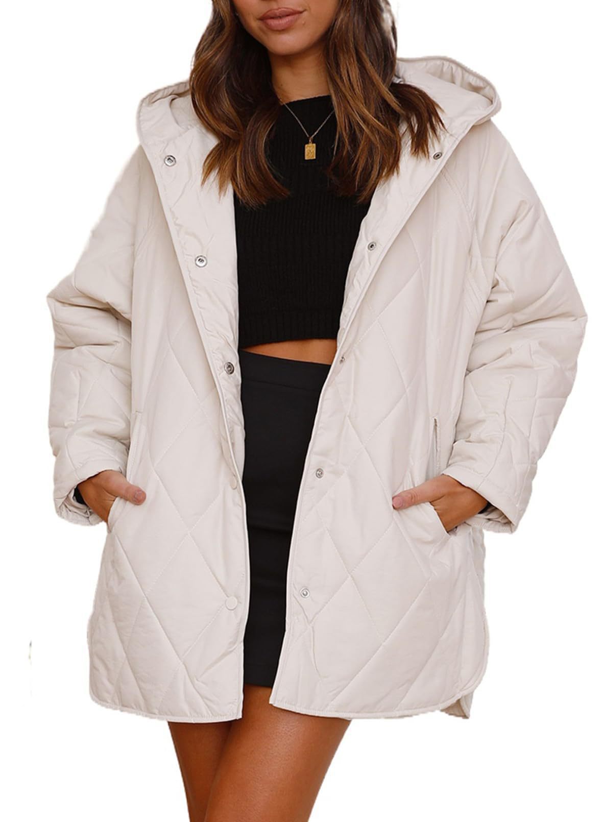 Women's Quilted Diamond Jacket with Hood and Front Pockets