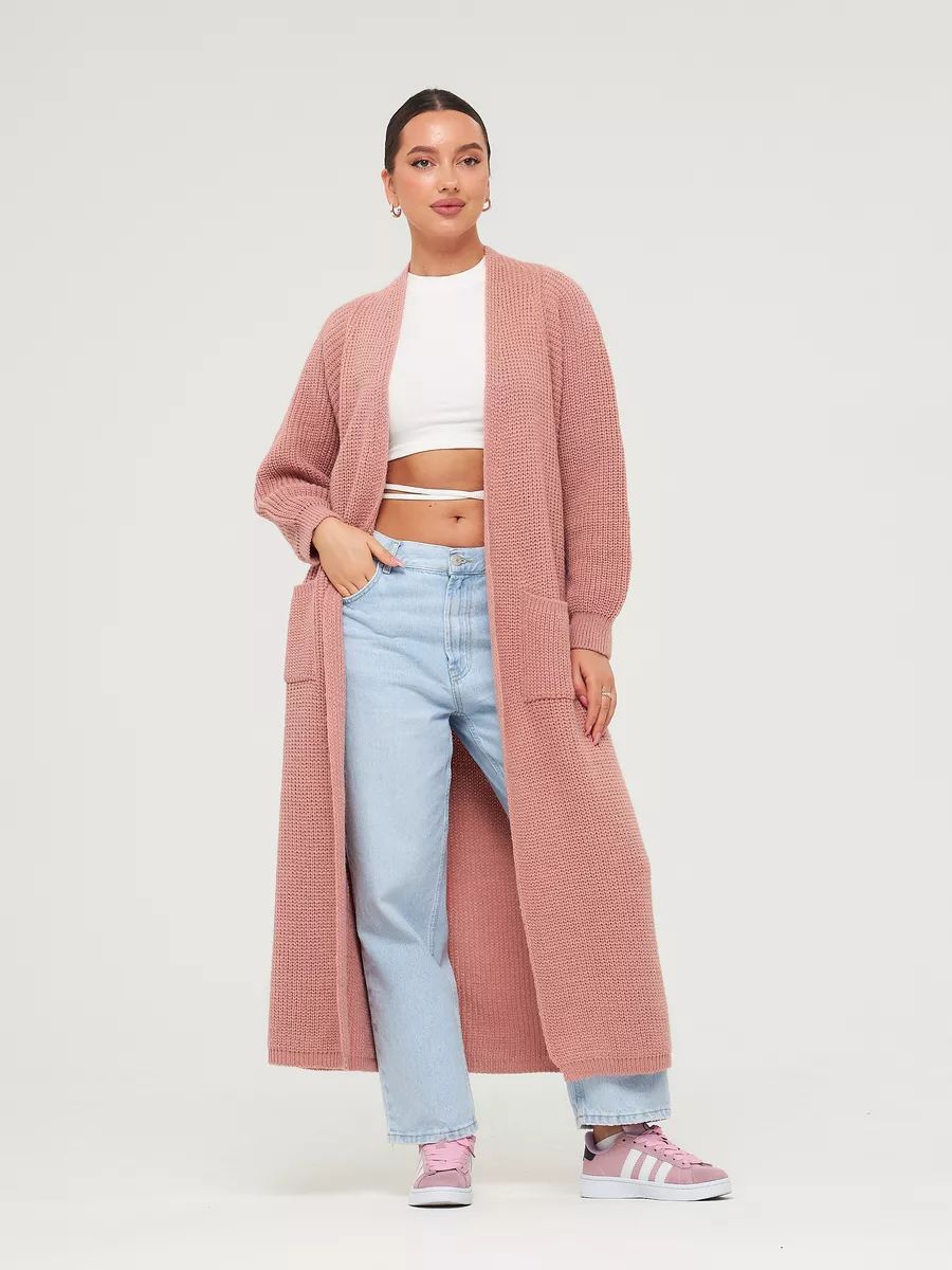 Women's Long Knit Cardigan with Pockets and Front Opening