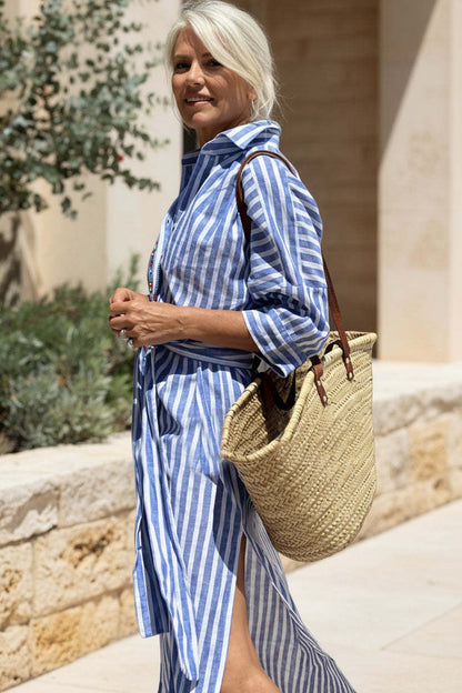 Women’s Striped Midi Dress with Notched Collar and Front Buttons