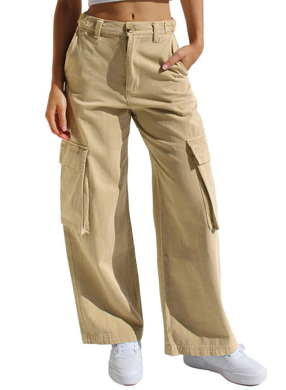 Low Waist Women's Denim Pants with Multiple Pockets and Loose Fit Workwear Style