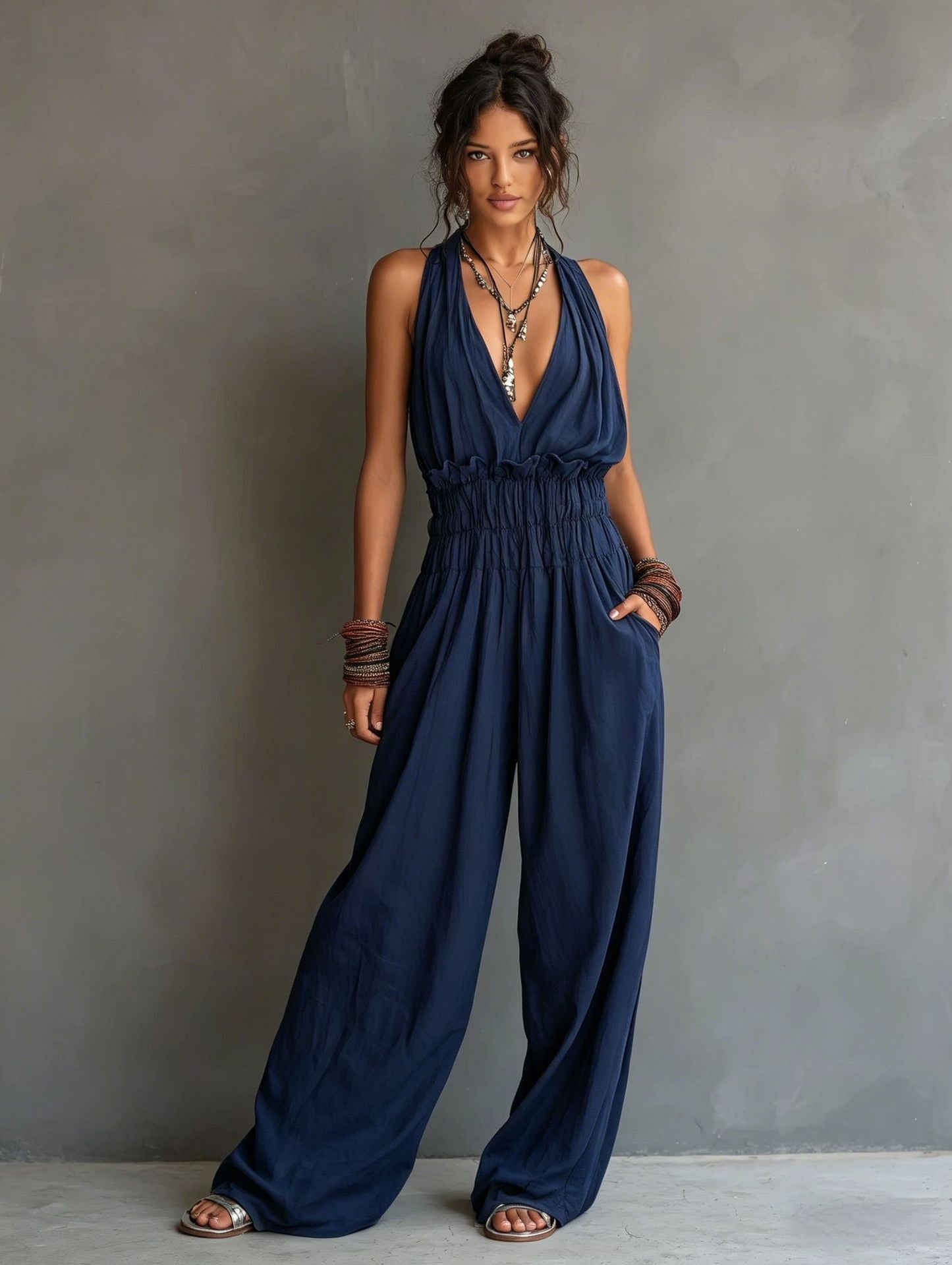 Women’s V-Neck Jumpsuit with Halter Neck and Wide-Leg Pants
