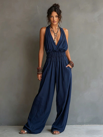 Women’s V-Neck Jumpsuit with Halter Neck and Wide-Leg Pants
