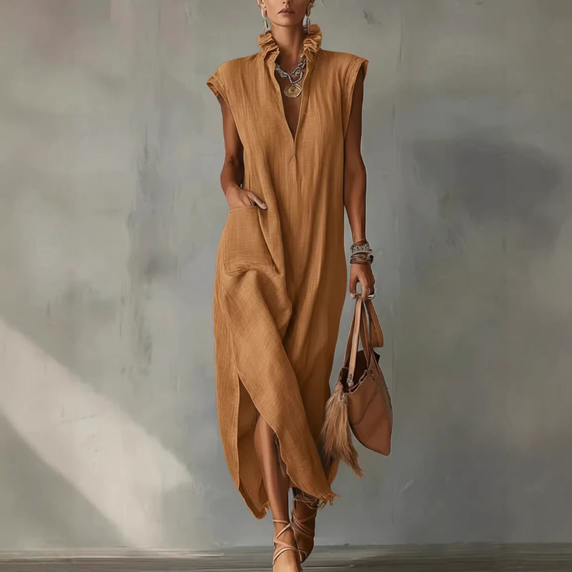 Women's Sleeveless Shirt Dress in Cotton and Linen – Loose Fit, Solid Color, Mid Length