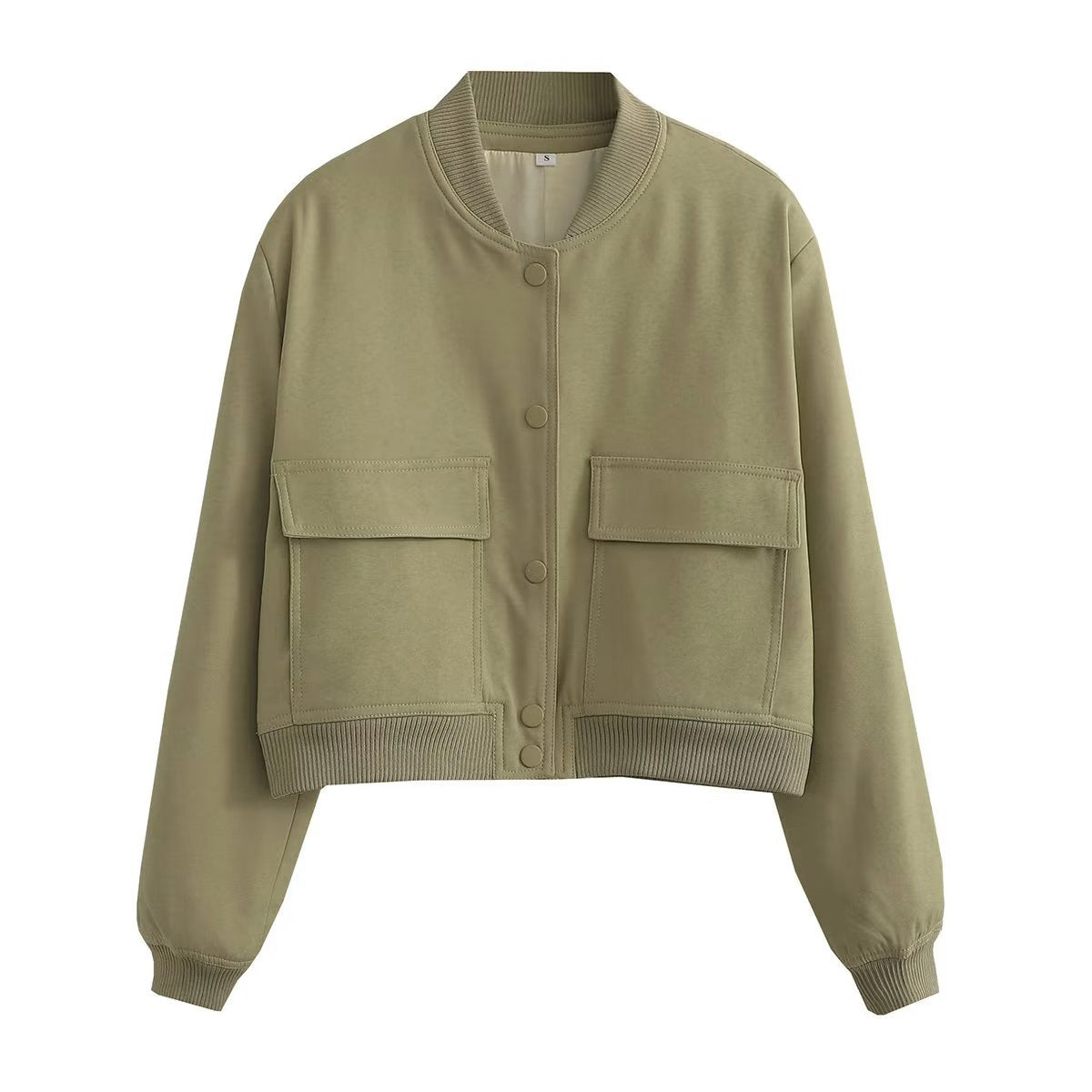 Chaqueta bomber de mujer para otoño con bolsillos delanteros y diseño liso