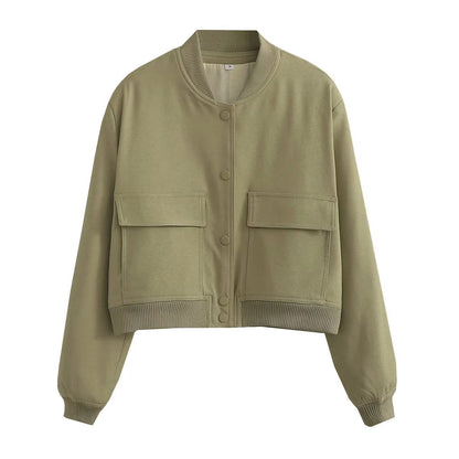 Chaqueta bomber de mujer para otoño con bolsillos delanteros y diseño liso