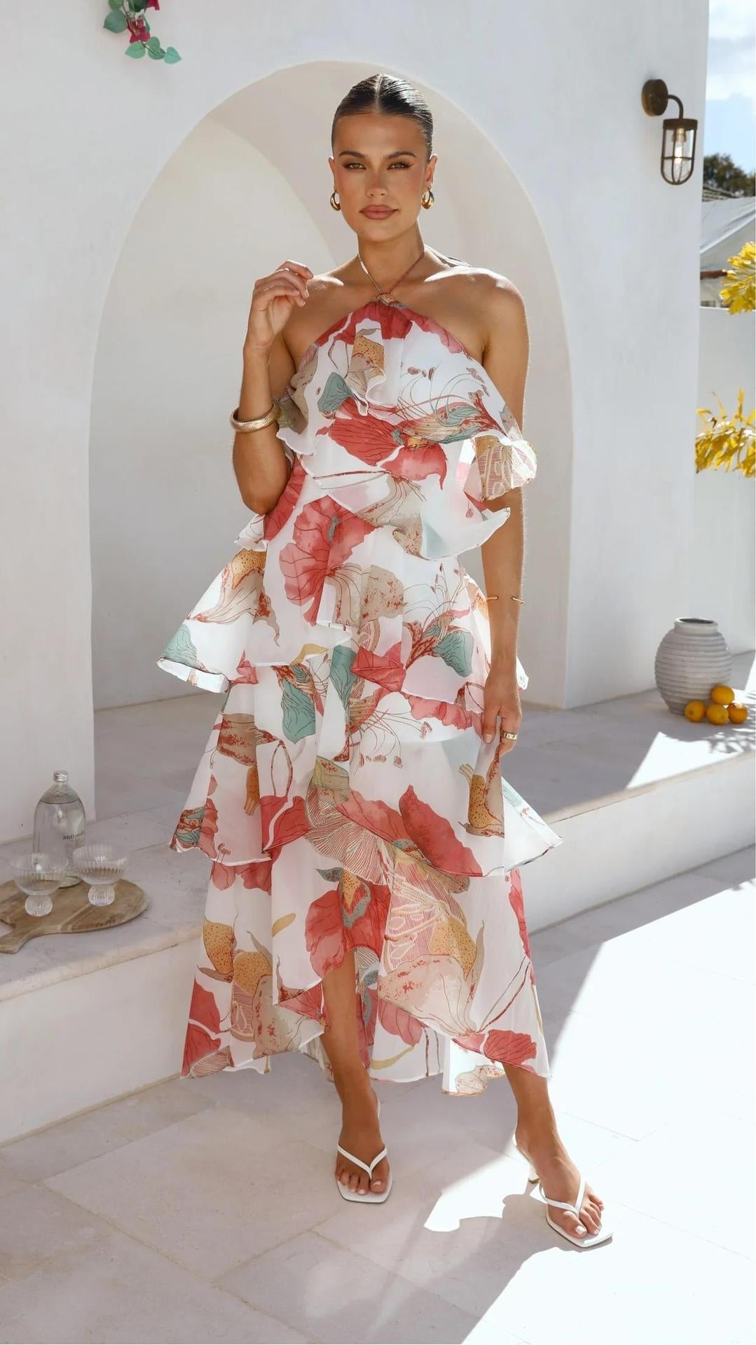 Abito Lungo Donna con Spalle Scoperte e Stampa Floreale – Stile Estivo
