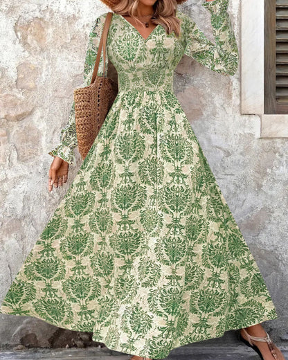 Women's Autumn Printed Dress with V-Neck and Long Sleeves – Casual Streetwear Dress