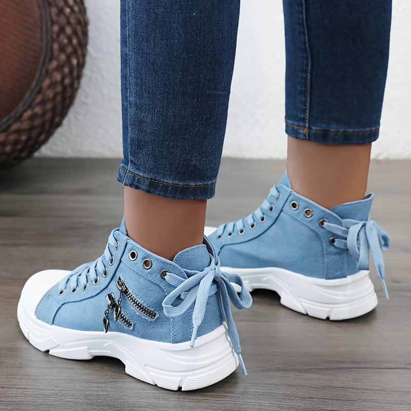 Women's Sneakers with Platform, Raised Sole, Front Lacing, and Side Zip
