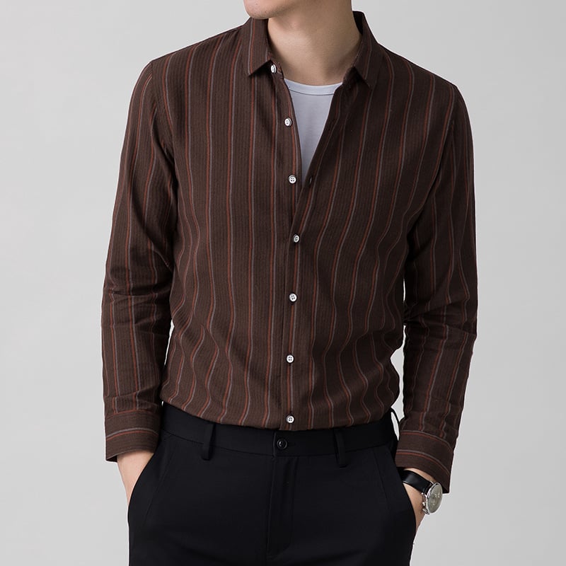 Men's Long Sleeve Shirt with Square Collar, Striped Pattern and Jacquard Detail