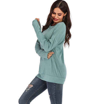 Jersey de mujer de manga larga con cuello redondo, ajuste holgado y color liso