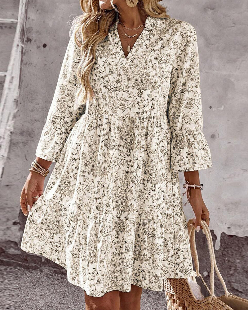 Women's Spring Dress with High Neckline, Flounce Sleeves, and Floral Print