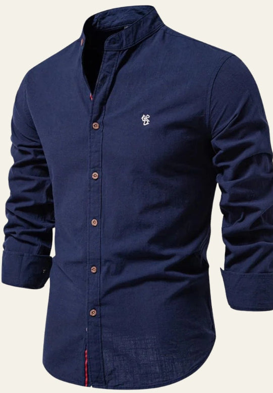 Camisa de verano para hombre de mezcla de algodón y lino, con cuello mao y mangas largas.