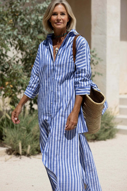 Women’s Striped Midi Dress with Notched Collar and Front Buttons