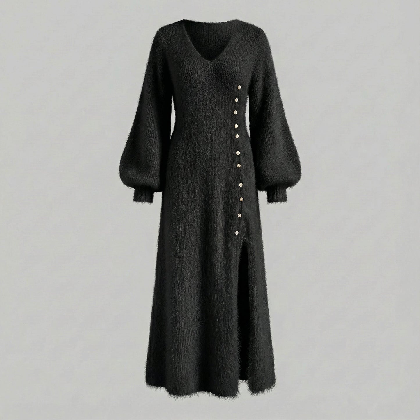 Vestido Largo de Invierno para Mujer con Escote en V, Mangas Largas y Botones Laterales