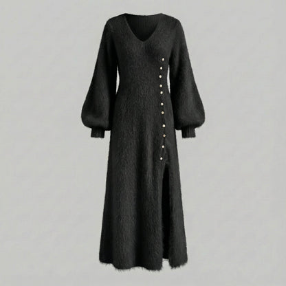 Vestido Largo de Invierno para Mujer con Escote en V, Mangas Largas y Botones Laterales