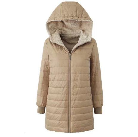 Women's Winter Jacket with Hood, Mid-Length, Fleece Lining and Slim Fit
