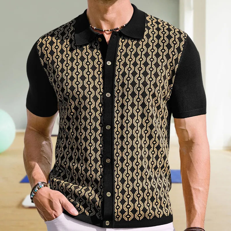 Herreskjorte med korte ærmer, reverskrave og geometrisk jacquardmønster – casual stil
