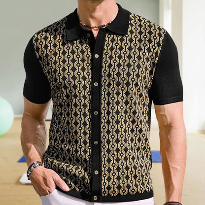 Herreskjorte med korte ærmer, reverskrave og geometrisk jacquardmønster – casual stil