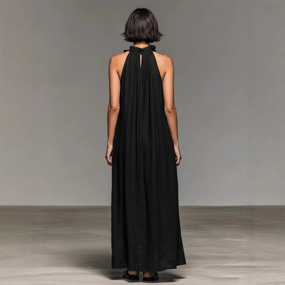 Women's Long Resort Style Dress with Halter Neck, Sleeveless, Ruffle Trim – Silk Effect