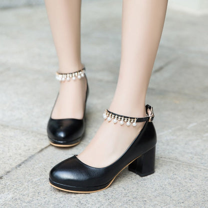 Zapatos de mujer con plataforma, hebilla con perlas y tacón ancho – zapatos elegantes