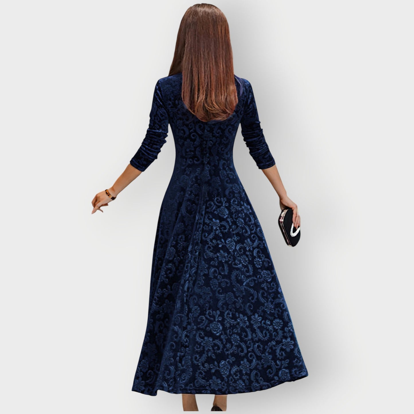 Women's Midi Jacquard Velvet Dress with V-Neck and Flared Skirt