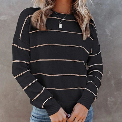 Women's Sweater Striped Knit Pullover with Long Sleeves and Round Neck