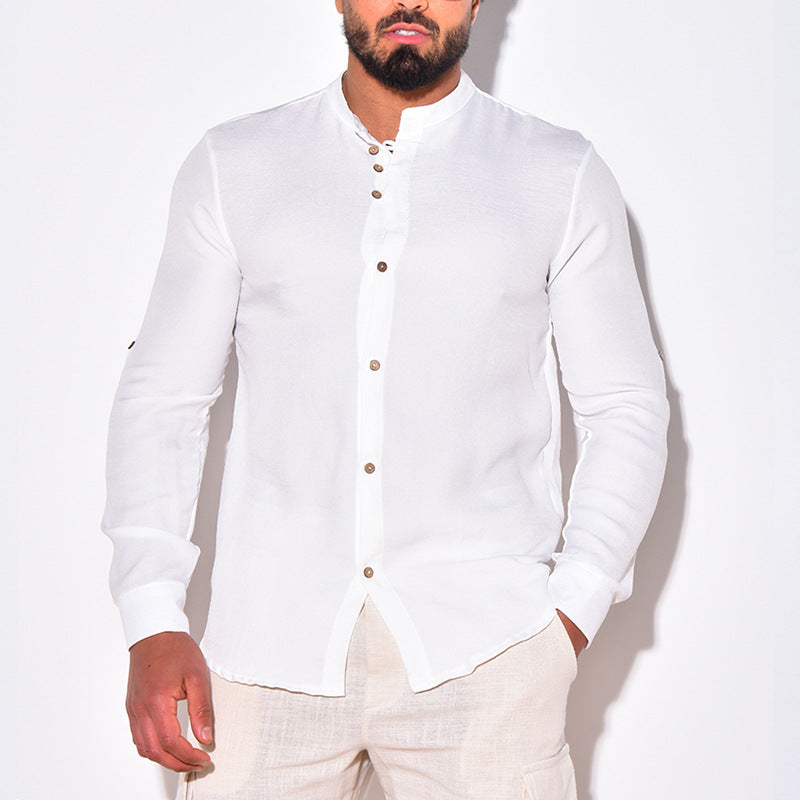 Camisa de verano para hombre de mezcla de algodón y lino, con cuello mao y corte regular.