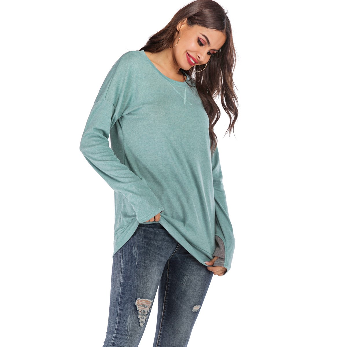 Jersey de mujer de manga larga con cuello redondo, ajuste holgado y color liso