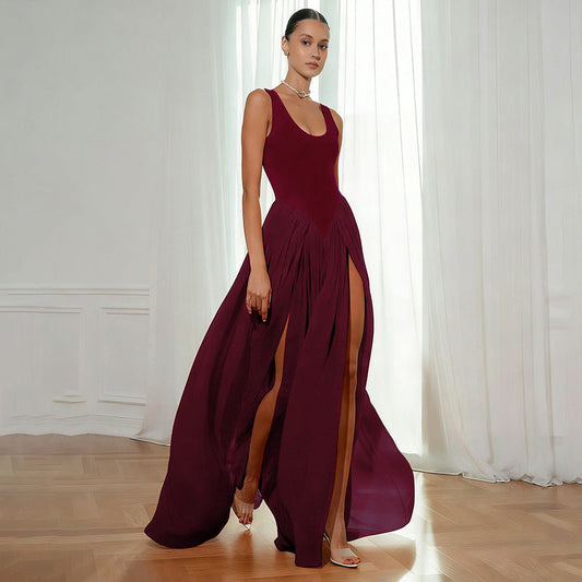 Women's Long Sleeveless Dress with Contrast Details and Asymmetric Hem – Slim Fit