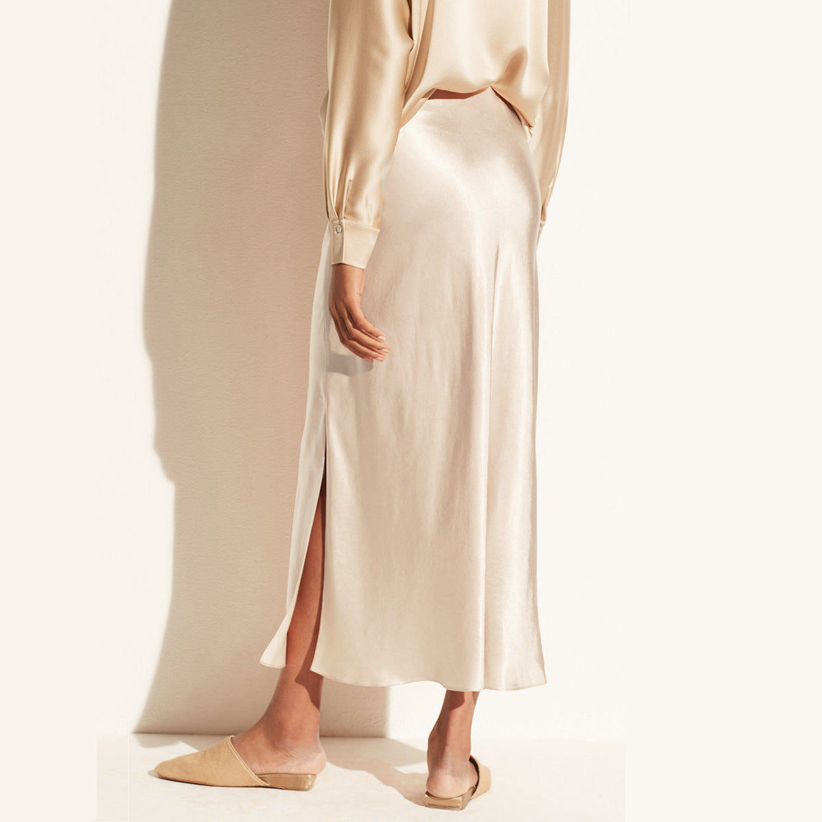 Women's Mid-Length High Waist Skirt with Slanted Slit and Elastic Waistband